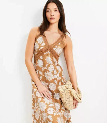 Floral Lace Trim Linen Blend Midi Dress
