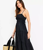 Pleated Side Tie Strappy Midi Pocket Dress