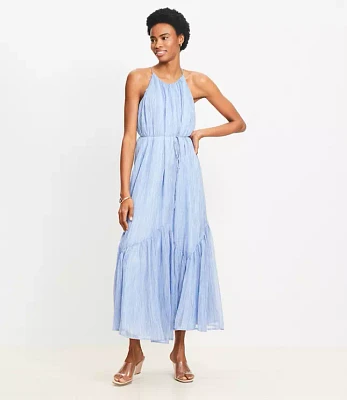 Striped Flounce Maxi Halter Dress