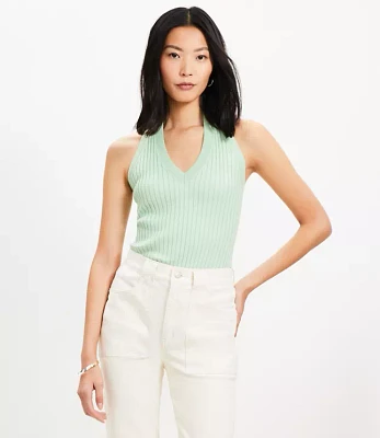 Petite Ribbed V-Neck Halter Sweater