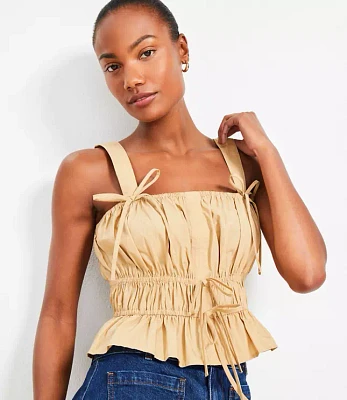 Petite Poplin Ruched Tie Peplum Tank Top