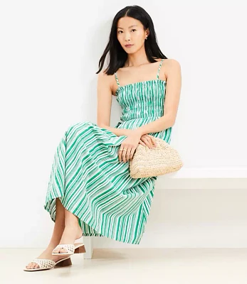 Petite Striped Poplin Smocked Strappy Maxi Dress