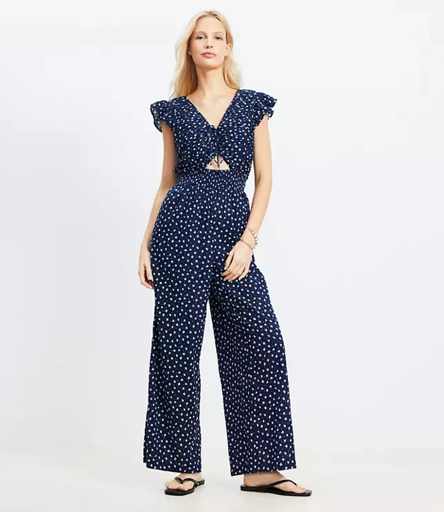 LOFT Beach Floral Crinkle Cutout Flutter Jumpsuit