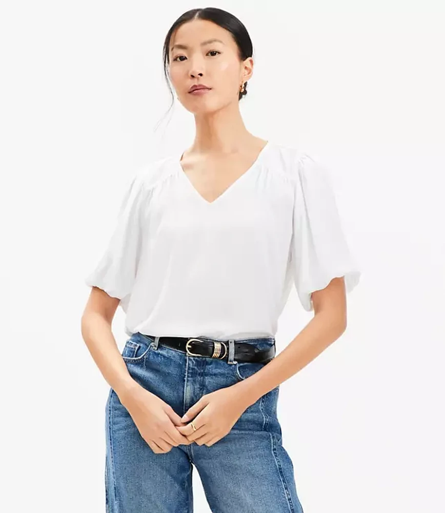 Petite Bubble Sleeve Mixed Media Blouse