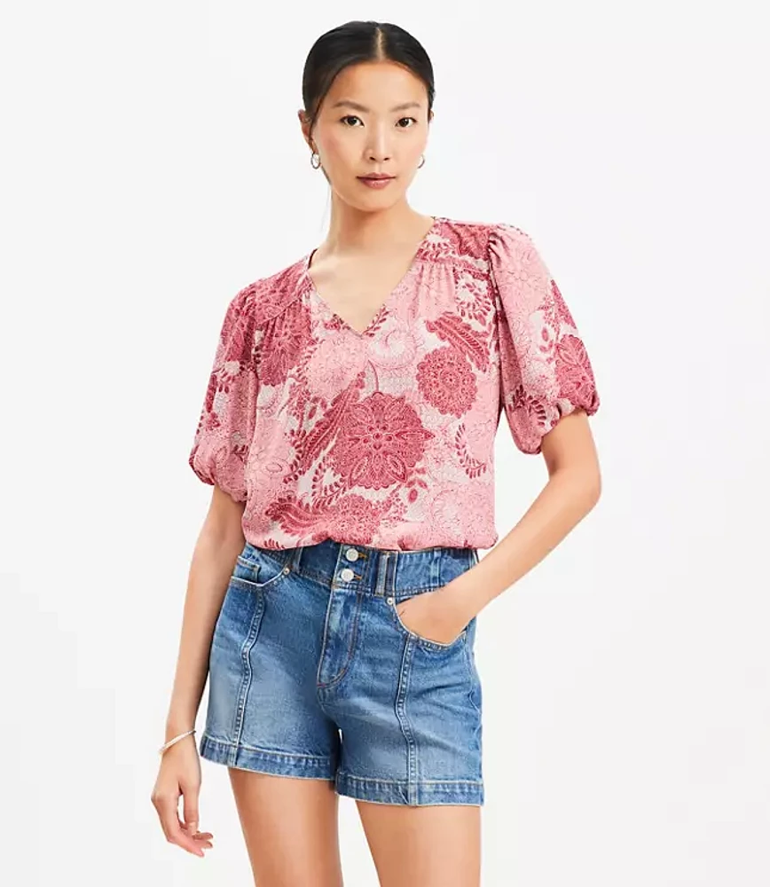 Petite Floral Bubble Sleeve Mixed Media Blouse