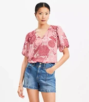 Petite Floral Bubble Sleeve Mixed Media Blouse
