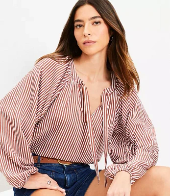 Petite Striped Ruched Sleeve Blouse