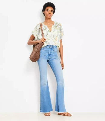 Frayed High Rise Slim Flare Jeans Classic Mid Wash