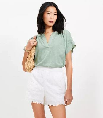 Pull On Shorts Floral Embroidered Poplin