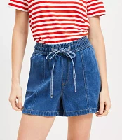 Petite High Rise Drawstring Denim Shorts Classic Mid Wash