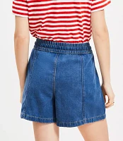 Petite High Rise Drawstring Denim Shorts Classic Mid Wash