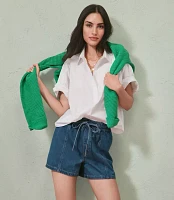 Petite High Rise Drawstring Denim Shorts Classic Mid Wash