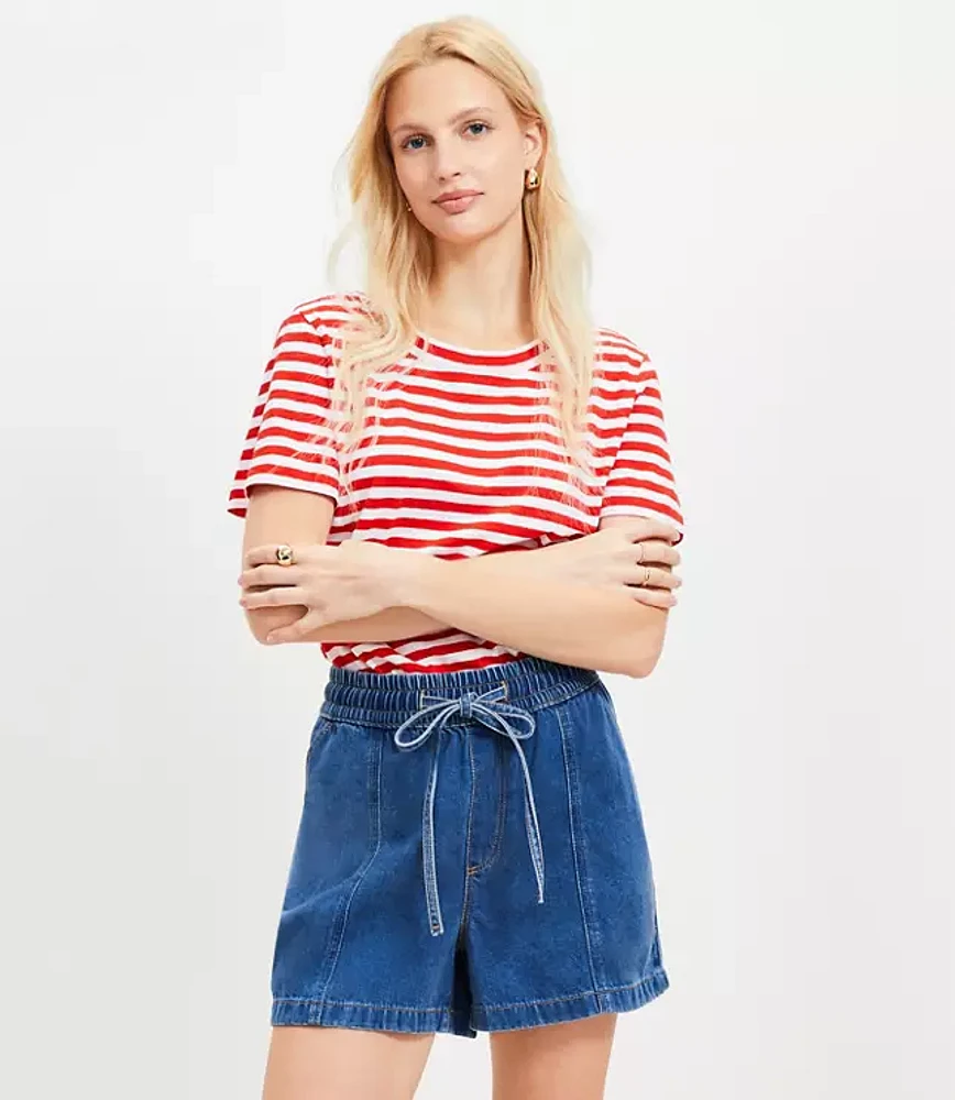 Petite High Rise Drawstring Denim Shorts Classic Mid Wash