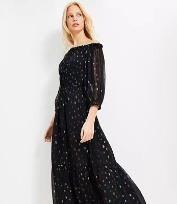 Petite Shimmer Clip Balloon Sleeve Off The Shoulder Midi Dress