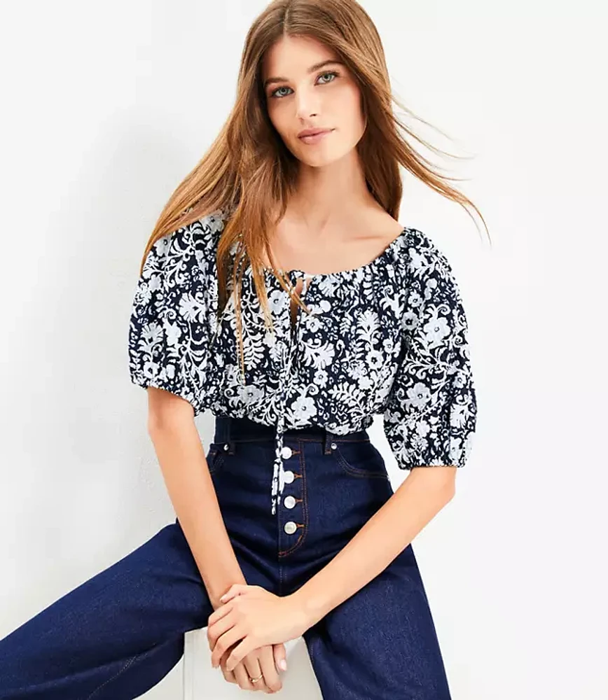 Petite Floral Tie Neck Bubble Sleeve Top