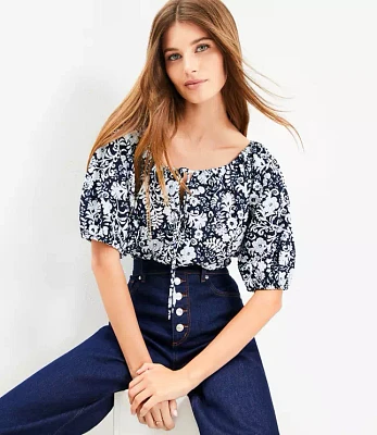 Petite Floral Tie Neck Bubble Sleeve Top