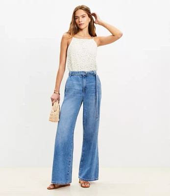 Belted Palazzo Jeans Classic Mid Wash