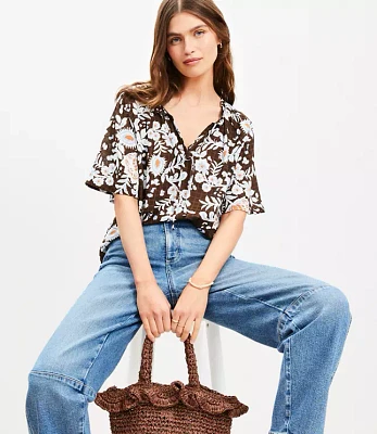 Floral Ruffle Tie Neck Blouse