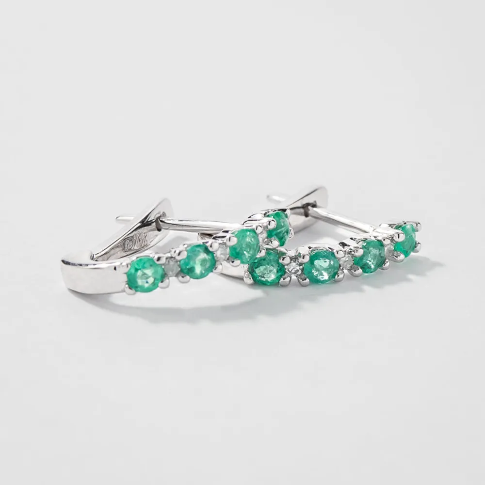 Emerald and Diamond Claw-Set J-Hoop Earrings in 10/14K White Gold