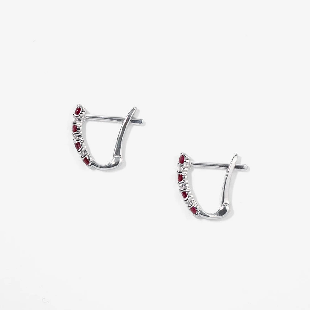 Ruby and Diamond Claw-Set J-Hoop Earrings in 10/14K White Gold