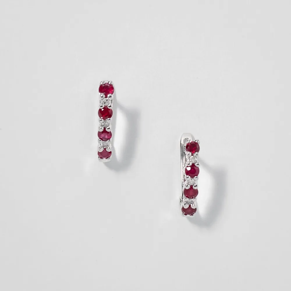 Ruby and Diamond Claw-Set J-Hoop Earrings in 10/14K White Gold