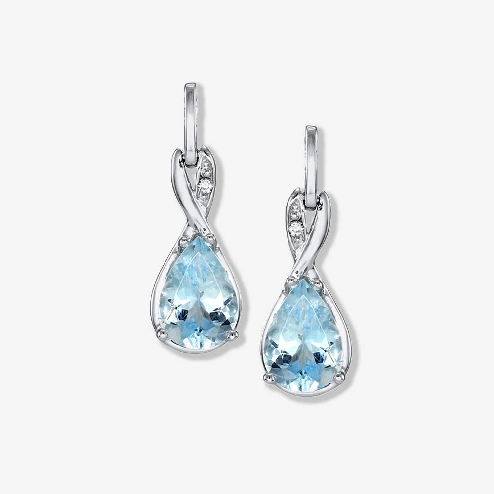 Pear Shape Aquamarine Earrings With Diamond Accents in 10K White Gold