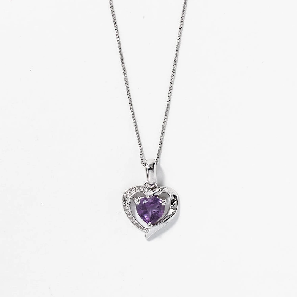 Heart Shaped Amethyst and Diamond Pendant Crafted In 10K White Gold