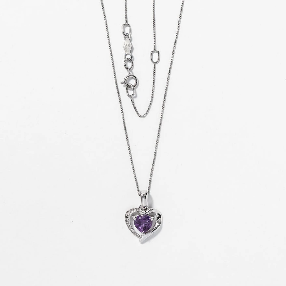 Heart Shaped Amethyst and Diamond Pendant Crafted In 10K White Gold