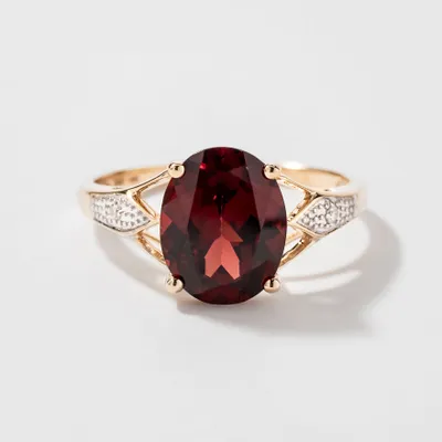 Oval Garnet Ring with Diamond Accents 10K Yellow Gold