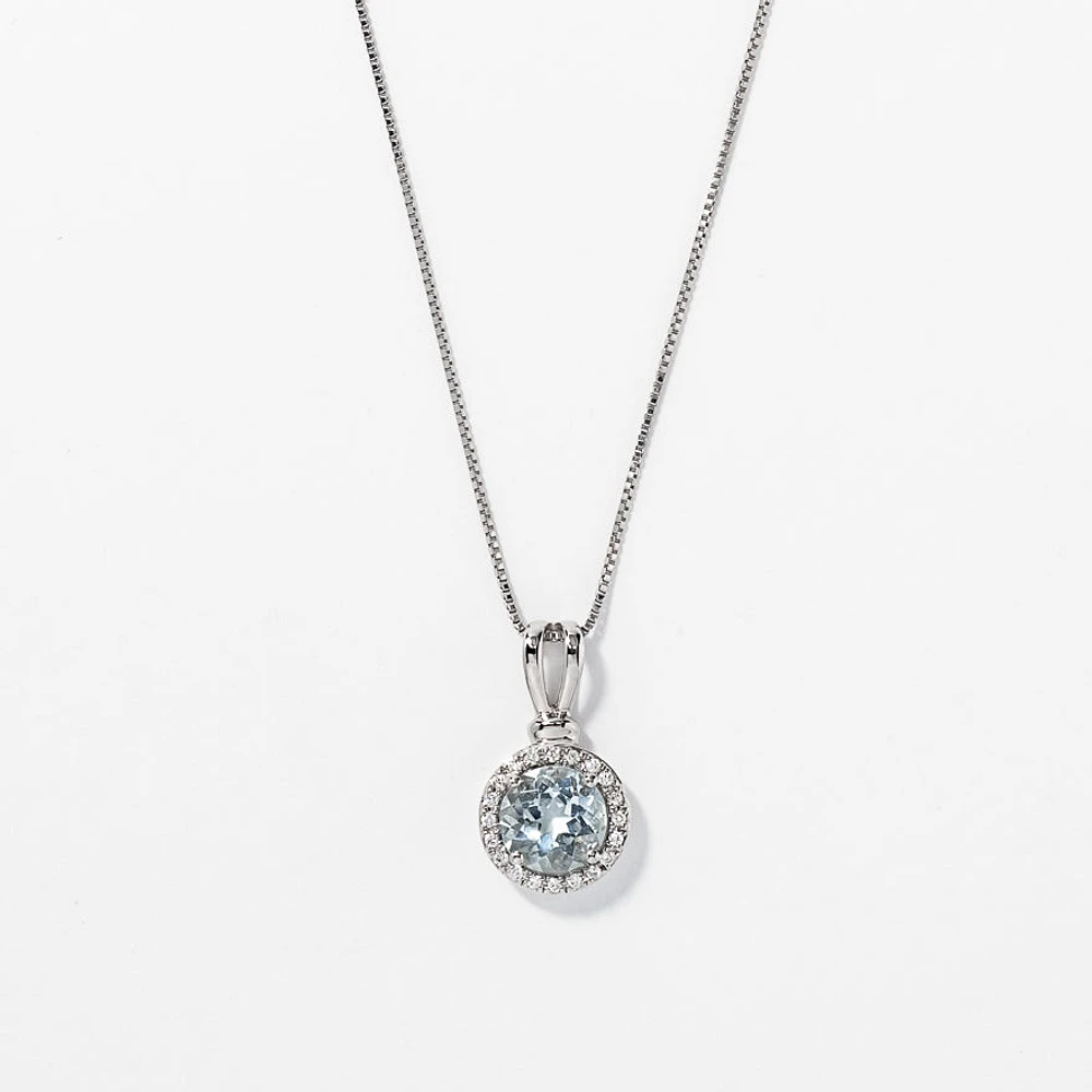 Round Aquamarine and Halo Diamond Pendant Necklace in 10K White Gold