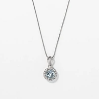 Round Aquamarine and Halo Diamond Pendant Necklace in 10K White Gold