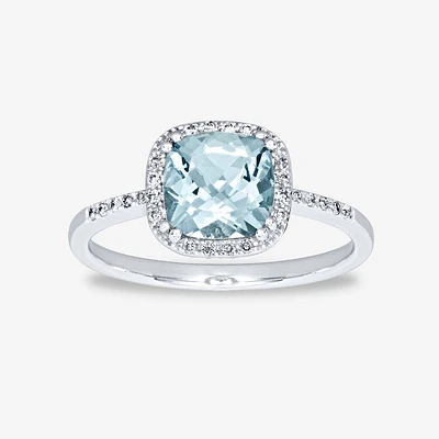 Cushion Cut Aquamarine Diamond Ring 14K White Gold