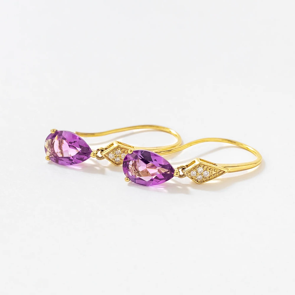 Amethyst Hook Earrings with Diamond Accents in 10K Yellow Gold