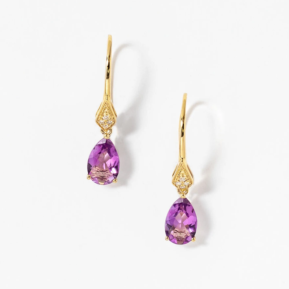 Amethyst Hook Earrings with Diamond Accents in 10K Yellow Gold