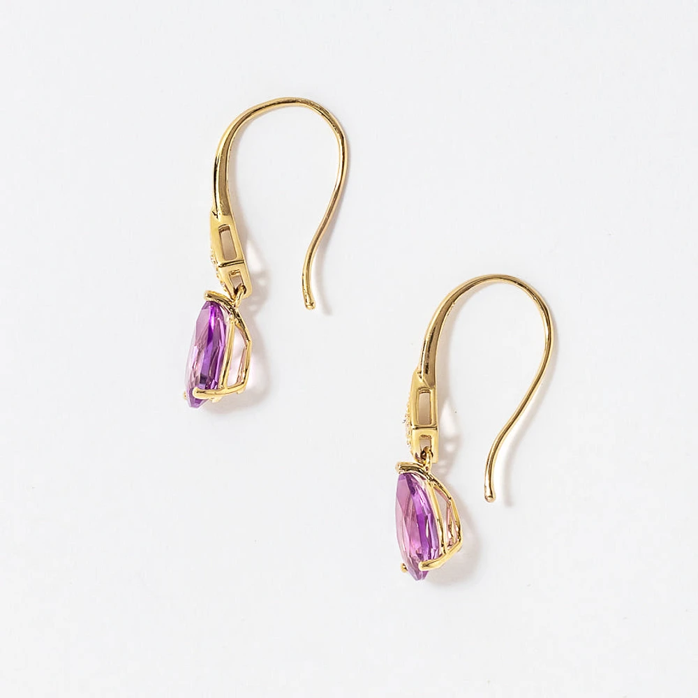 Amethyst Hook Earrings with Diamond Accents in 10K Yellow Gold