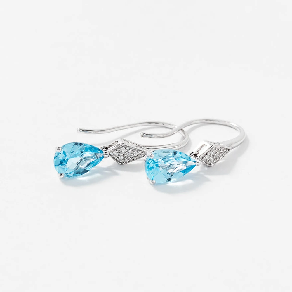 Blue Topaz Hook Earrings with Diamond Accents in 10K White Gold