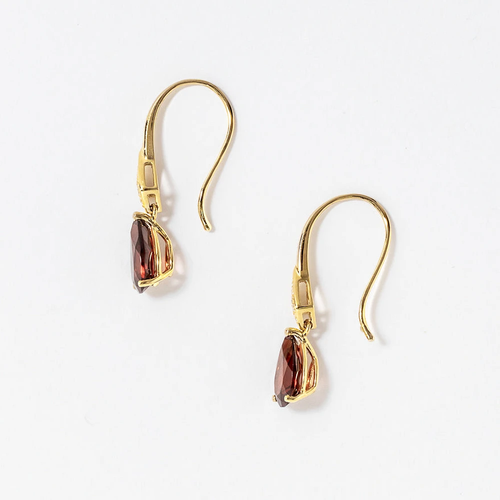 Garnet Hook Earrings with Diamond Accents in 10K Yellow Gold