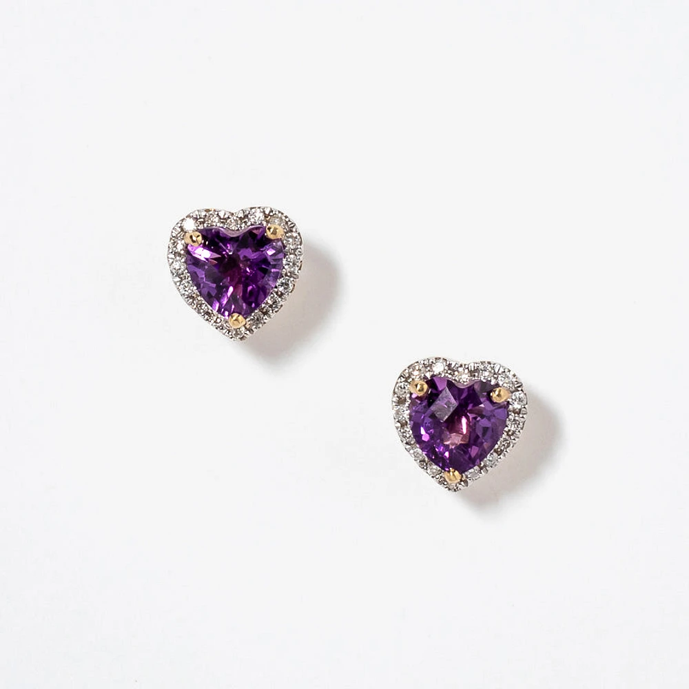 Heart Shape Amethyst Earrings in 10K Yellow Gold