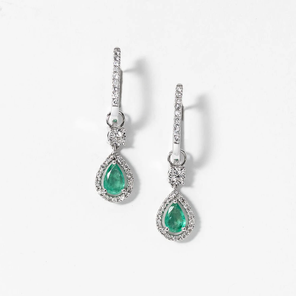 Emerald Earrings With Removable Pear Drop in 10K White Gold