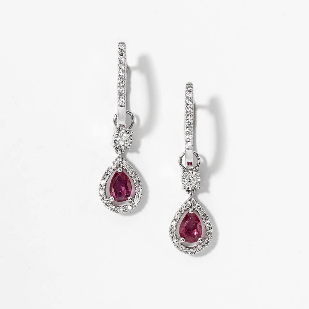 Ruby Earrings With Removable Pear Drop in 10K White Gold