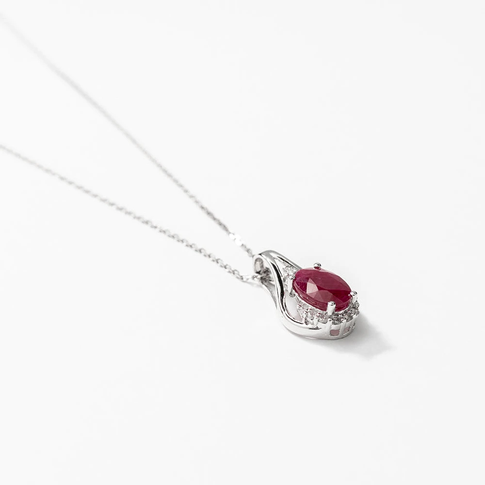 Ruby Pendant Necklace with Diamond Accents in 10K White Gold