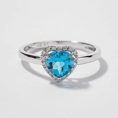 Heart Shape Blue Topaz Ring With Diamond Accents 10K White Gold