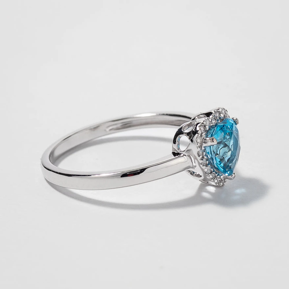 Heart Shape Blue Topaz Ring With Diamond Accents 10K White Gold