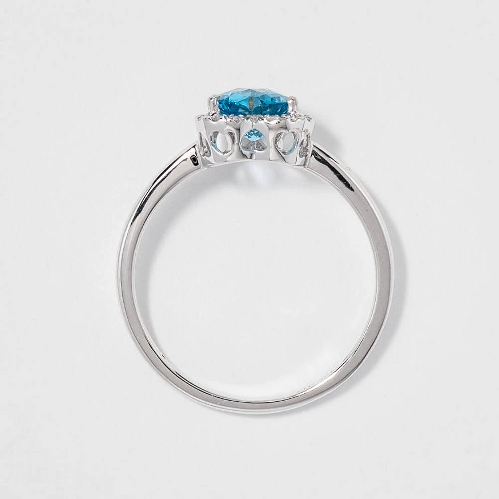 Heart Shape Blue Topaz Ring With Diamond Accents 10K White Gold