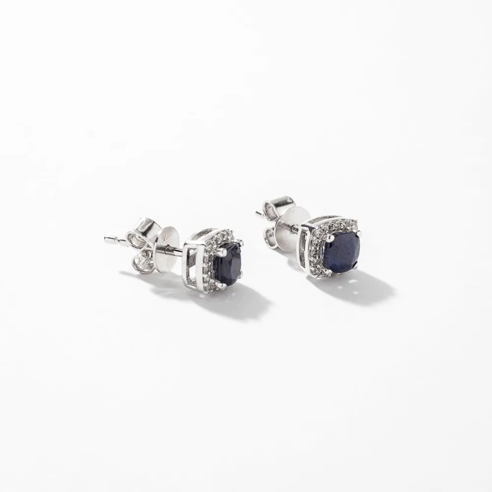 Sapphire Stud Earrings with Diamond Accents in 10K White Gold