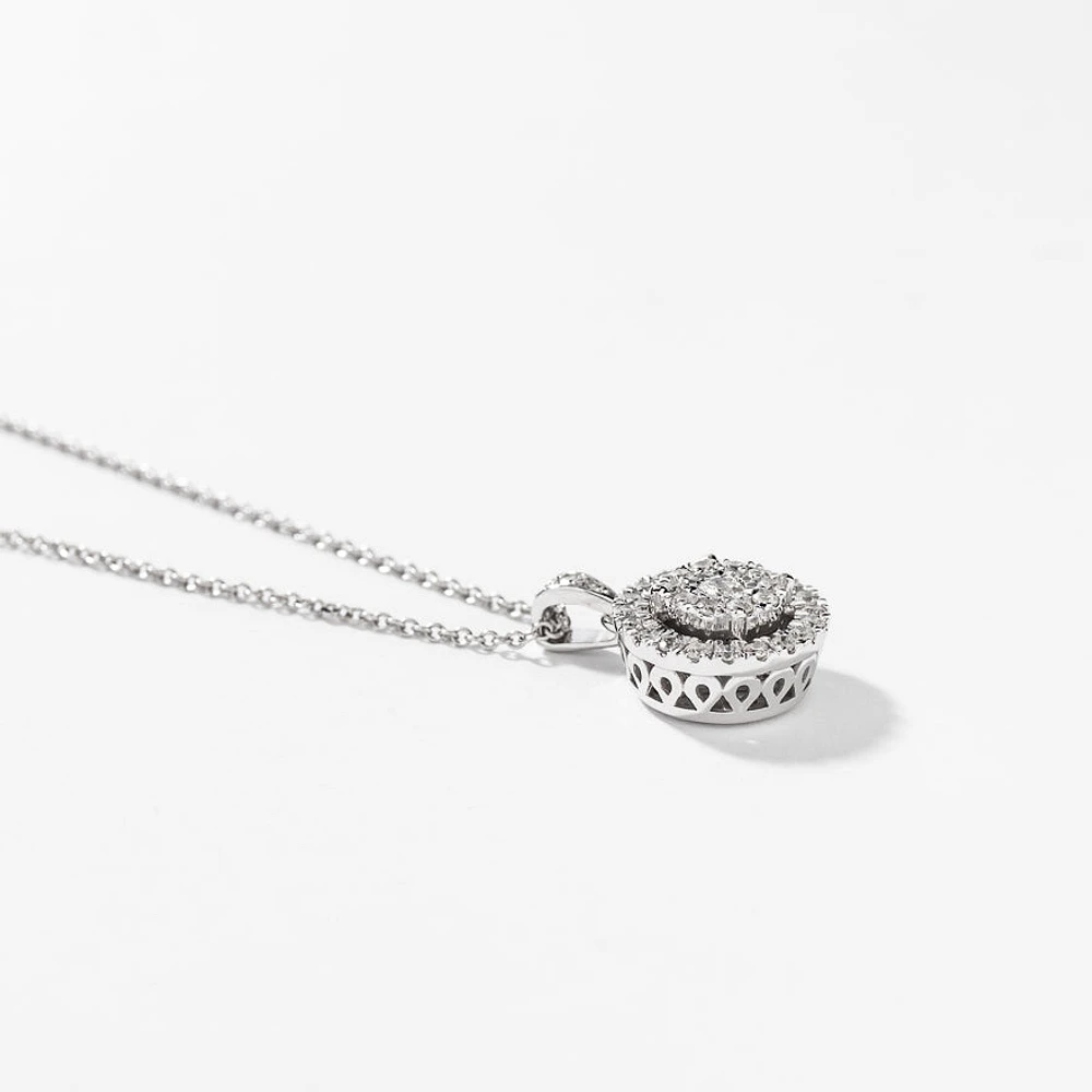 Double Halo Diamond Necklace in 10K White Gold with Chain (0.38ct tw)