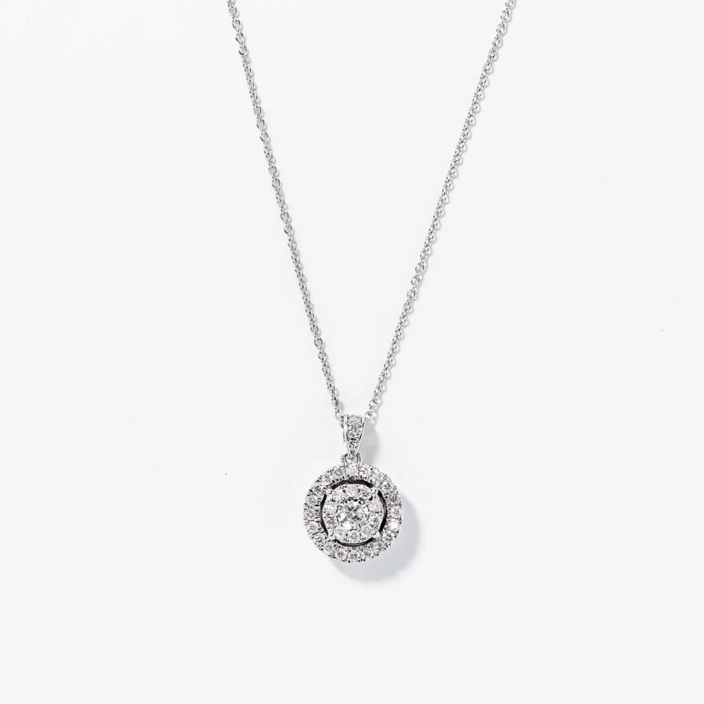 Double Halo Diamond Necklace in 10K White Gold with Chain (0.38ct tw)