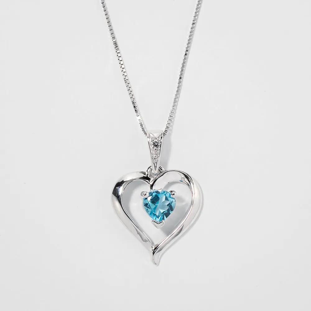 Heart Shaped Blue Topaz Diamond Necklace in 10K White Gold