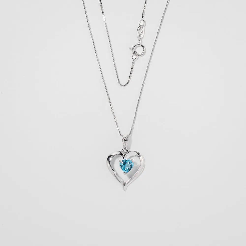 Heart Shaped Blue Topaz Diamond Necklace in 10K White Gold