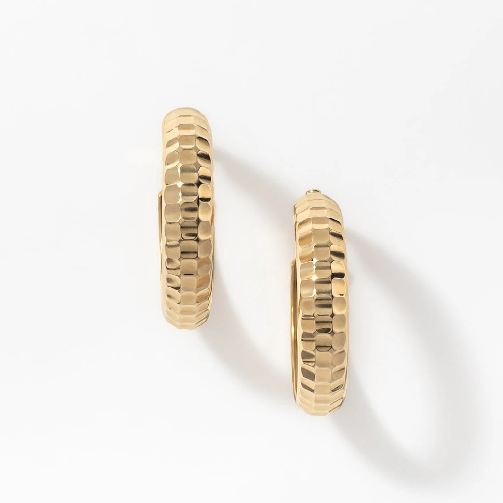 Domed Checkered Hoop Earrings in 10K Yellow Gold